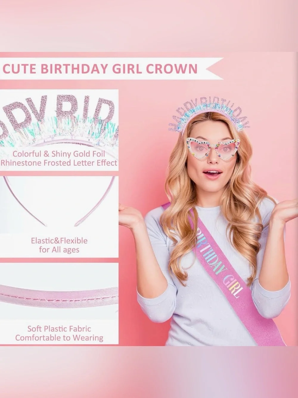 3 PCS Birthday Girl Set. Sash, Tiara & Heart Shaped Glasses.